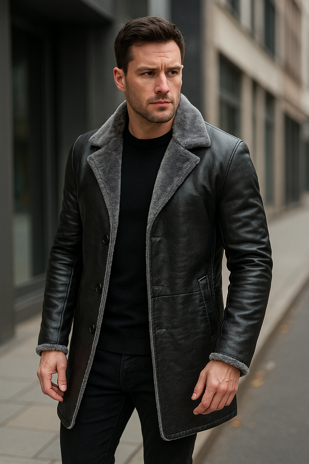 Jaqueta de Couro Masculina Estilo Sobretudo