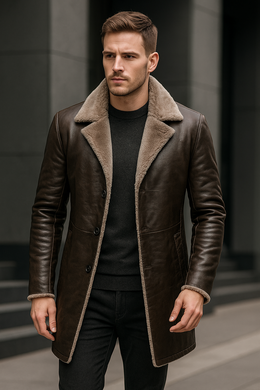 Jaqueta de Couro Masculina Estilo Sobretudo