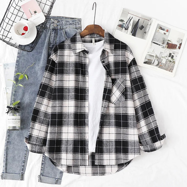 Camisa xadrez de flanela requintada feminina