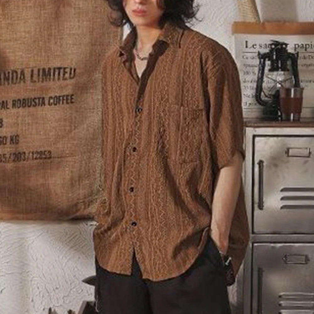 Camisa casual masculina solta de manga curta moda retrô