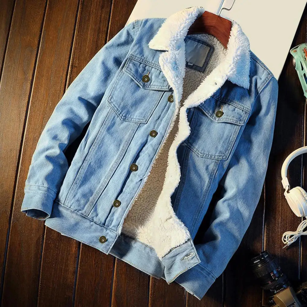 Jaqueta jeans com forro de lã masculina