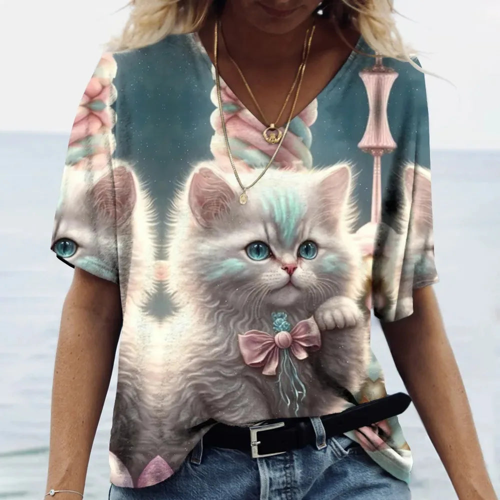 Camiseta gola v com estampa de gato