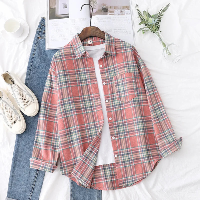 Camisa xadrez de flanela requintada feminina