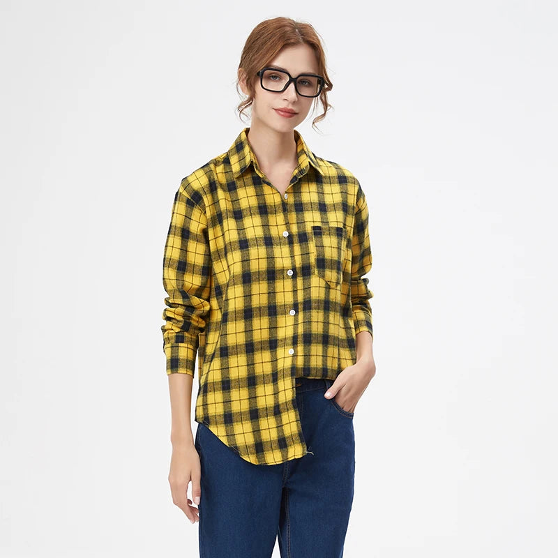 Camisa xadrez de flanela requintada feminina