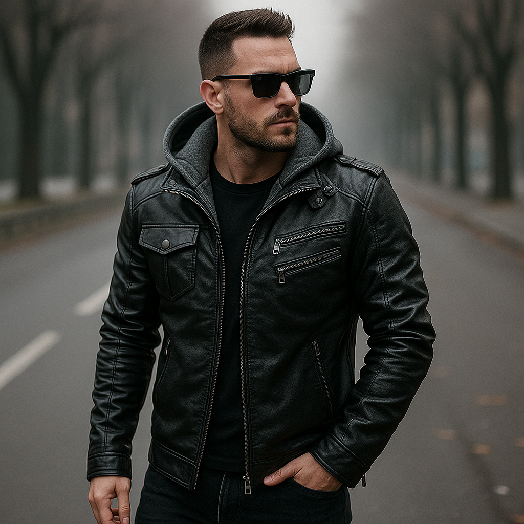 Jaqueta de couro capuz destacável