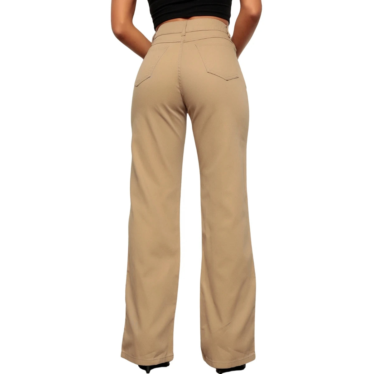 Calça sarja feminina cintura alta perna larga