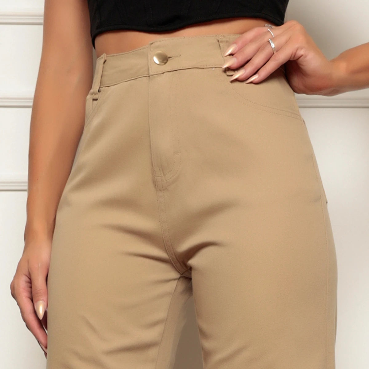 Calça sarja feminina cintura alta perna larga