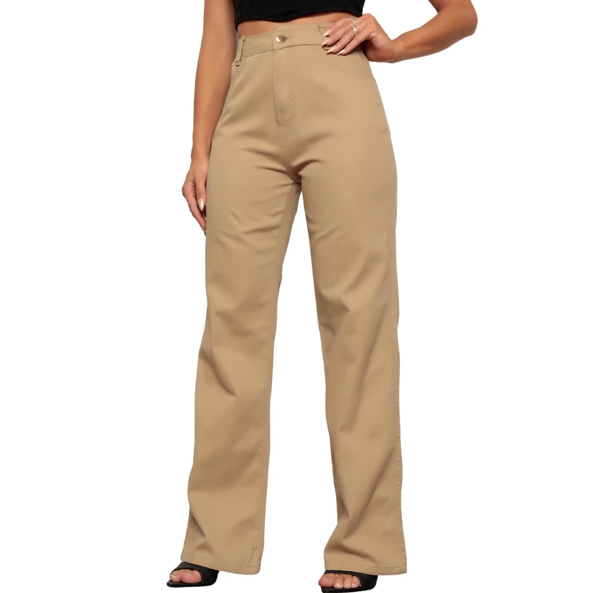 Calça sarja feminina cintura alta perna larga