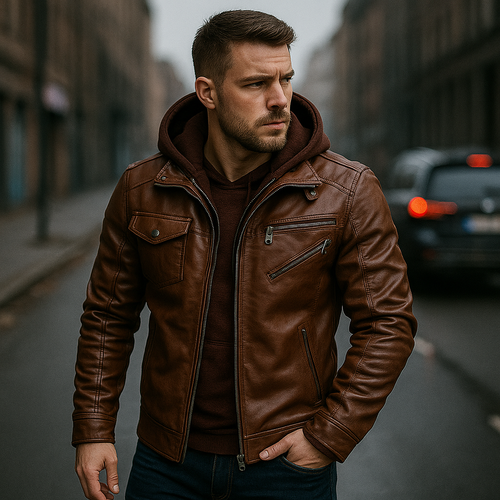 Jaqueta de couro capuz destacável
