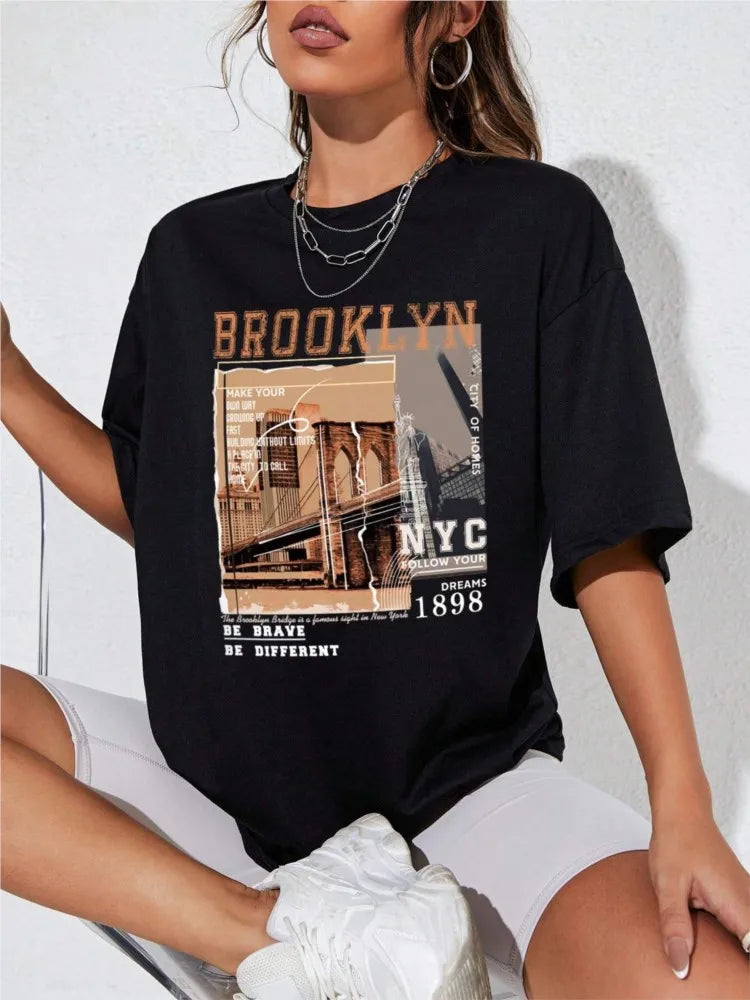 Camisetas femininas de algodão primavera, letras Brooklyn NYC 1898, camisetas estampadas gráficas