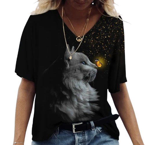 Camiseta gola v com estampa de gato