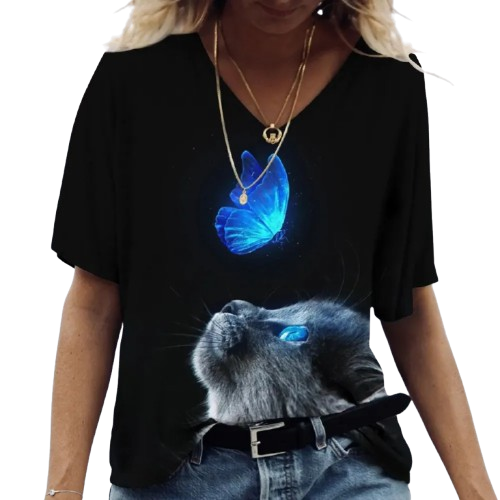 Camiseta gola v com estampa de gato