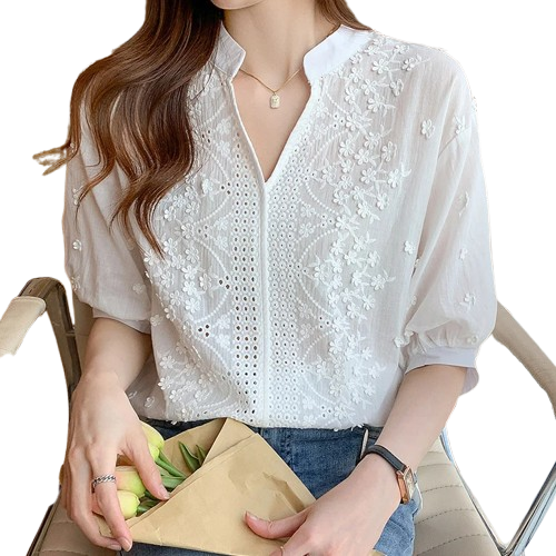 Camisa de renda bordada floral de verão, gola alta, decote em V, camisa casual feminina, elegante, manga curta