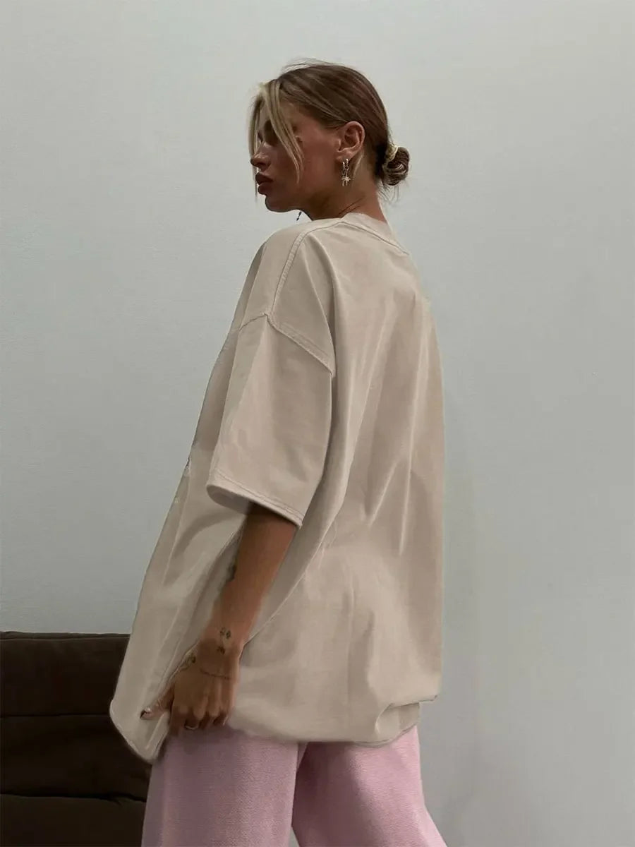Camiseta oversized feminina de algodão retrô vintage