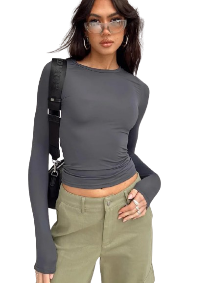 Camiseta feminina casuais de manga comprida, primavera outono, cores sólidas