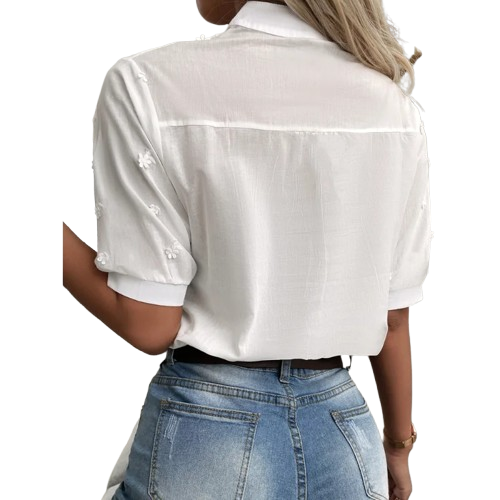 Camisa de renda bordada floral de verão, gola alta, decote em V, camisa casual feminina, elegante, manga curta