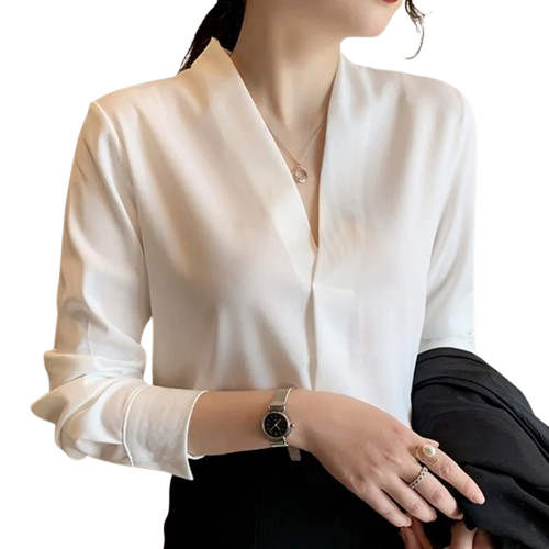 Camisa feminina elegante gola baixa em v
