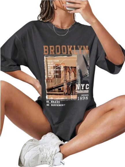 Camisetas femininas de algodão primavera, letras Brooklyn NYC 1898, camisetas estampadas gráficas