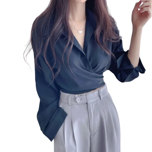 Camisa feminina de chiffon sólida com amarração nas costas e laço