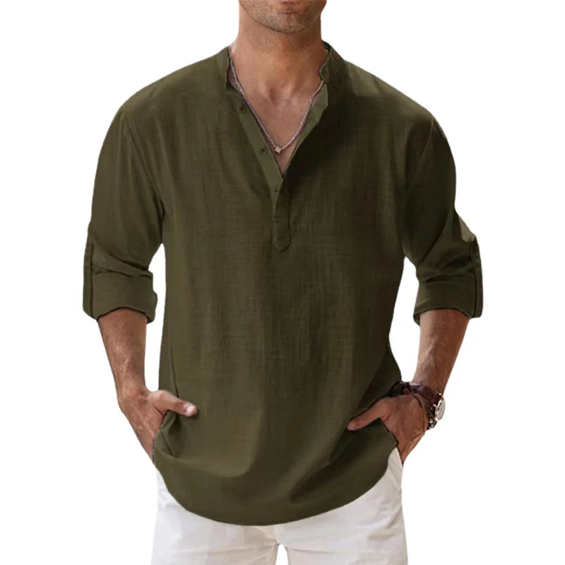 Camisa Henley Beach masculina manga longa de algodão