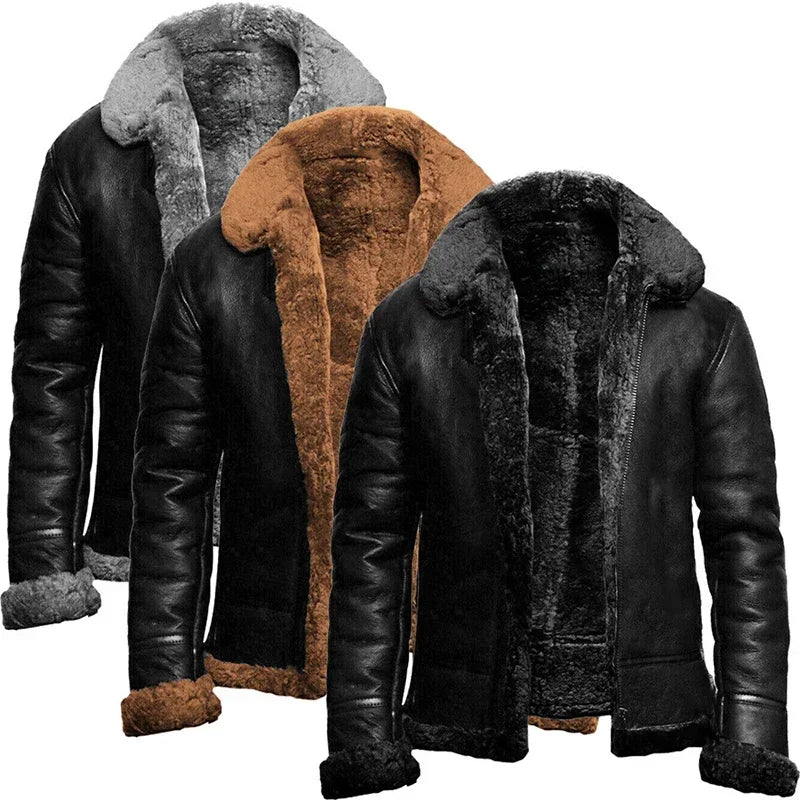 Jaqueta de couro masculina com pelúcia