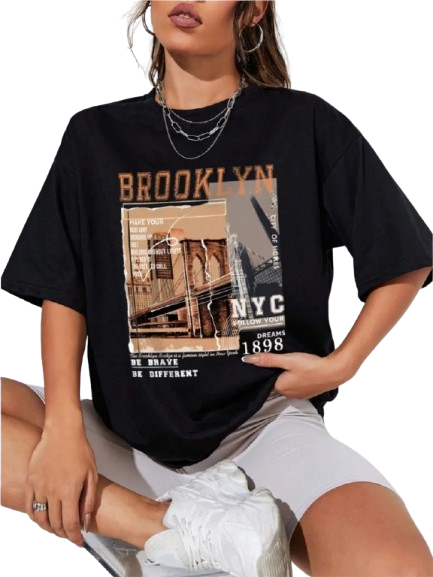 Camisetas femininas de algodão primavera, letras Brooklyn NYC 1898, camisetas estampadas gráficas
