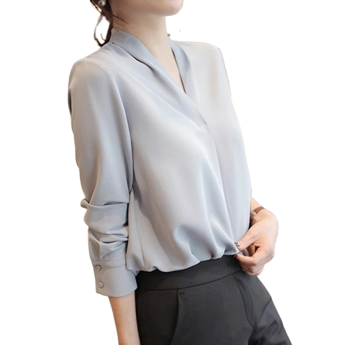 Camisa feminina elegante gola baixa em v