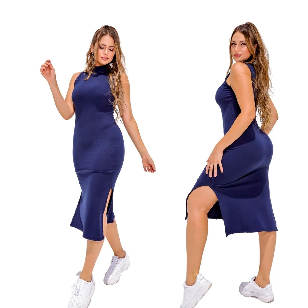 Vestido midi sem mangas feminino com fenda lateral