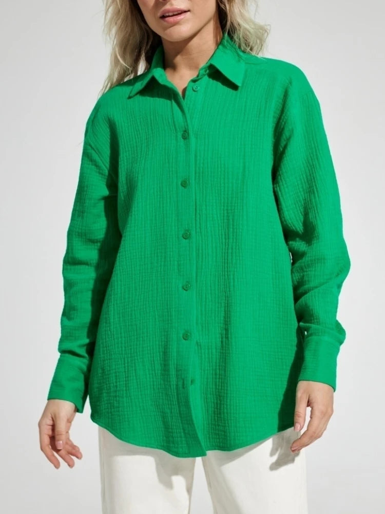 Camisa feminina de algodão manga longa e solta