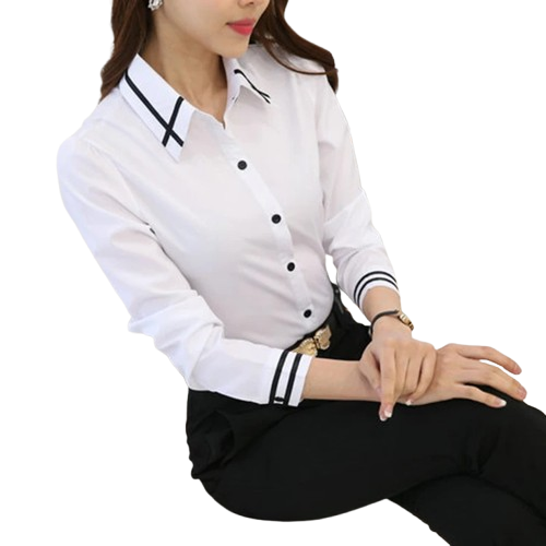 Camisa branca feminina manga longa com detalhes na gola e manga