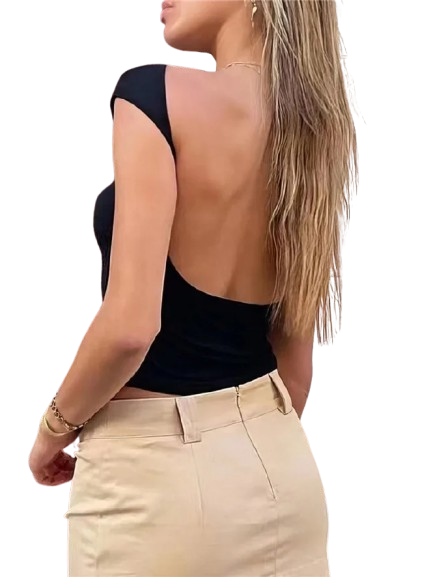 Blusinha feminina aberta nas costas manga curta