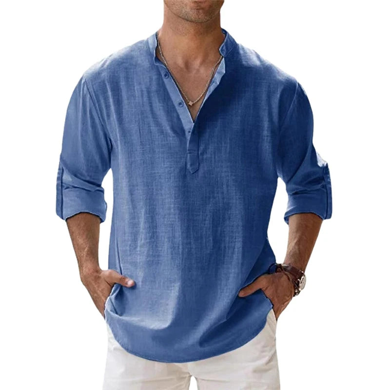 Camisa Henley Beach masculina manga longa de algodão