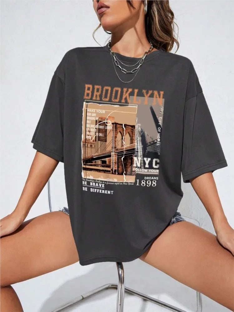 Camisetas femininas de algodão primavera, letras Brooklyn NYC 1898, camisetas estampadas gráficas