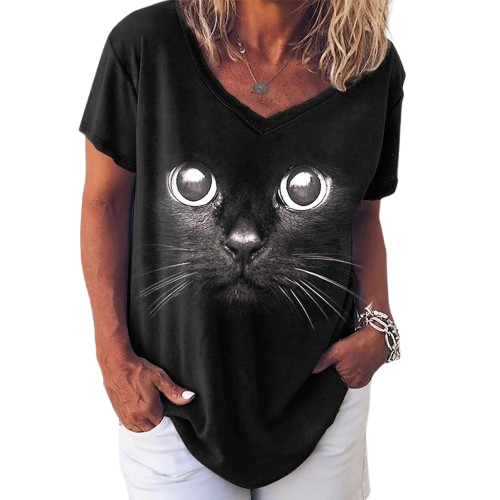 Camiseta gola v com estampa de gato