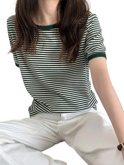 Camiseta listrada de manga curta feminina verão, retrô contraste fino gola redonda