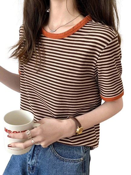 Camiseta listrada de manga curta feminina verão, retrô contraste fino gola redonda