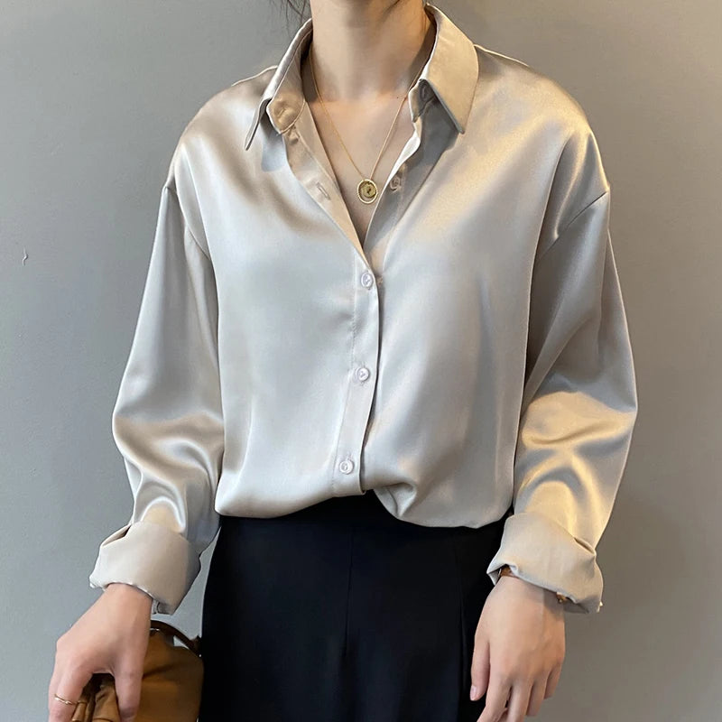 Camisa social feminina de seda elegante estilo vintage